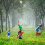 Jakarta Solar - four boy playing ball on green grass